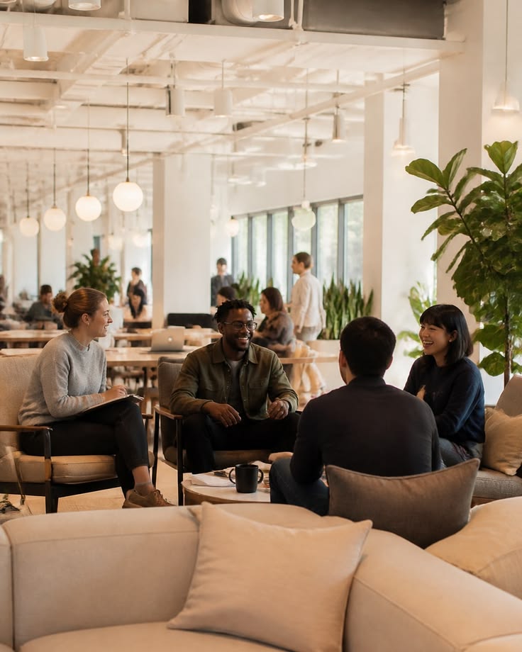 Pessoas conversando de forma descontraída em um ambiente de networking iluminado